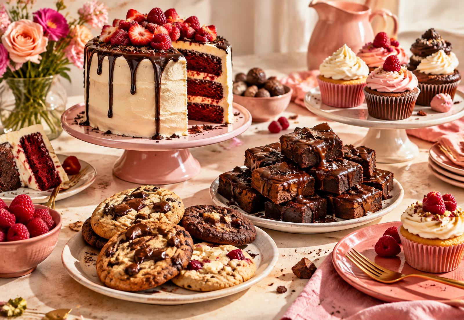 A bright spread of cakes, cupcakes, brownies and cookies